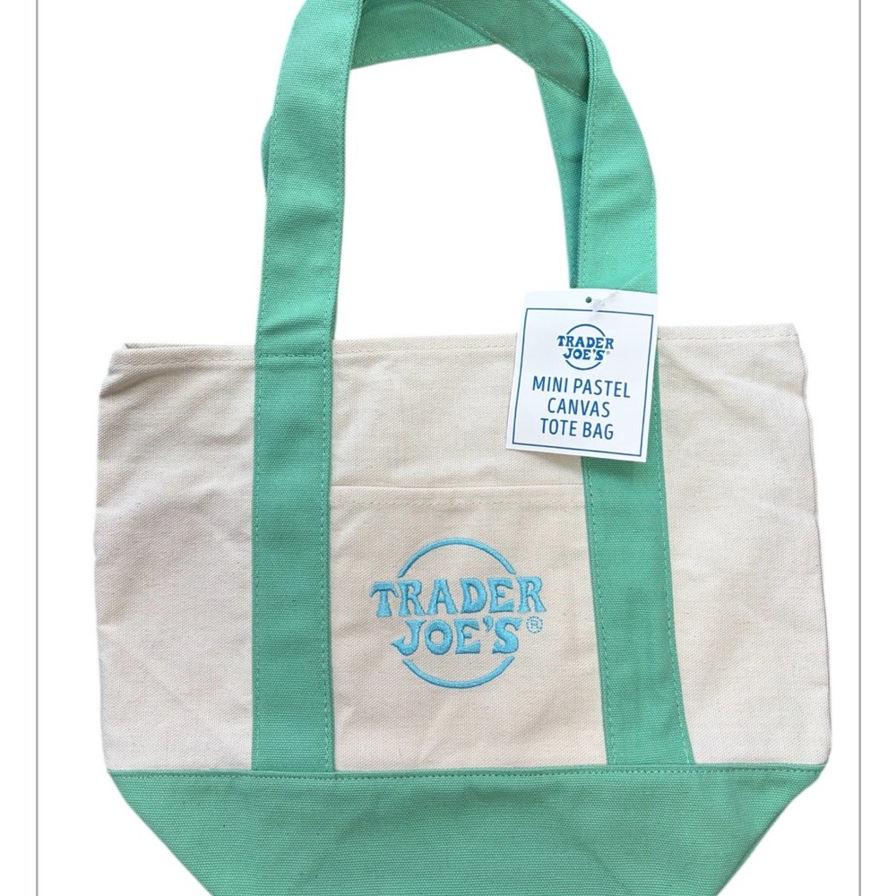 Trader Joe’s Spring 26 mini tote in green. Mint Green and Cream Canvas Tote Bag